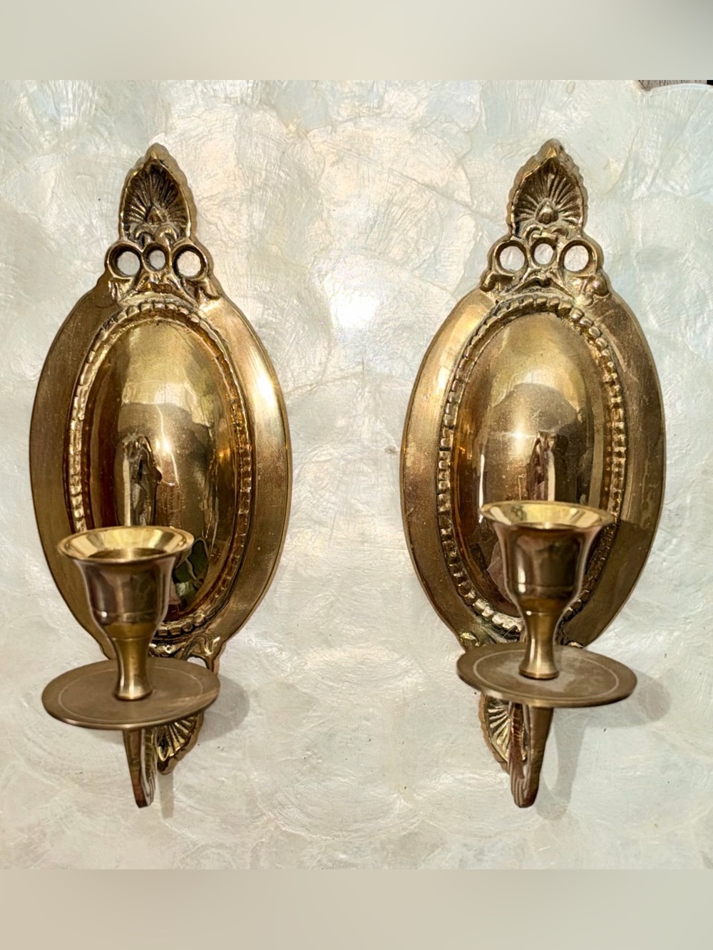 Vintage Brass Wall Sconces Pair, Ornate Scrollwork Candle Holders, Made in India